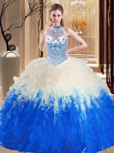 Custom Designed Halter Top Blue And White Tulle Lace Up Quinceanera Gowns Sleeveless Floor Length Beading and Ruffles