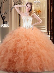 Embroidery and Ruffled Layers Quinceanera Gown Orange Lace Up Sleeveless Floor Length