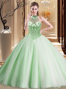 Halter Top With Train Ball Gowns Sleeveless Apple Green Vestidos de Quinceanera Brush Train Lace Up