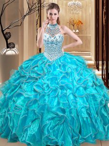 Edgy Halter Top Organza Sleeveless Floor Length Quinceanera Dress and Beading and Ruffles