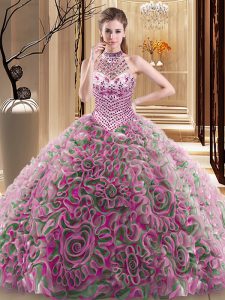 Enchanting Multi-color Ball Gowns Halter Top Sleeveless Fabric With Rolling Flowers With Brush Train Lace Up Beading Quinceanera Dress