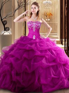 Fuchsia Tulle Lace Up Sweetheart Sleeveless Floor Length Quinceanera Gowns Embroidery and Pick Ups