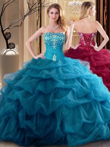 Flare Teal Sleeveless Floor Length Embroidery and Ruffles Lace Up Quinceanera Dresses