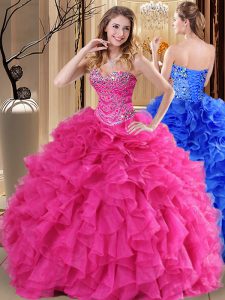 Discount Floor Length Ball Gowns Sleeveless Hot Pink 15 Quinceanera Dress Lace Up