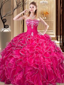 Modern Hot Pink Ball Gowns Embroidery and Ruffles Sweet 16 Quinceanera Dress Lace Up Organza Sleeveless Floor Length