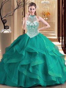 Beautiful Halter Top Sleeveless Tulle With Brush Train Lace Up 15 Quinceanera Dress in Dark Green with Beading and Ruffles