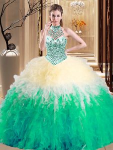 Halter Top Multi-color Sleeveless Floor Length Beading and Ruffles Lace Up Quinceanera Gowns