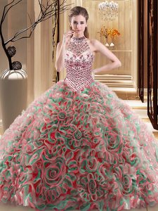 Stunning Halter Top Multi-color Sleeveless With Train Beading Lace Up Ball Gown Prom Dress