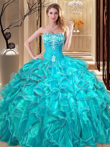 Lovely Aqua Blue Organza Lace Up Sweet 16 Dress Sleeveless Floor Length Embroidery and Ruffles
