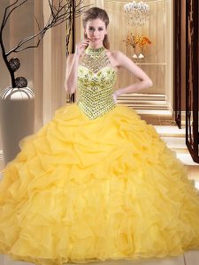 Halter Top Pick Ups Yellow Sleeveless Organza Lace Up Quinceanera Dress for Military Ball and Sweet 16 and Quinceanera