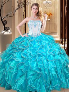 Teal Lace Up Strapless Embroidery and Ruffles Vestidos de Quinceanera Organza Sleeveless