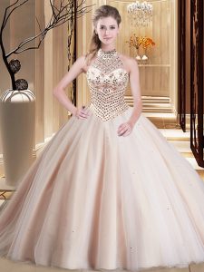 Adorable Halter Top With Train Lace Up Quinceanera Dress Peach for Military Ball and Sweet 16 and Quinceanera with Beading Brush Train