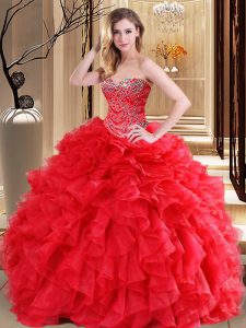 Fabulous Sweetheart Sleeveless Sweet 16 Dresses Floor Length Beading and Ruffles Red Organza