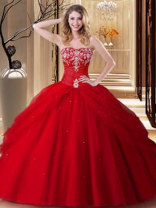 Flirting Red Tulle Lace Up 15th Birthday Dress Sleeveless Floor Length Embroidery