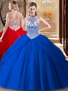 Halter Top Royal Blue Tulle Lace Up 15th Birthday Dress Sleeveless With Brush Train Beading and Pick Ups