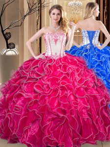 Coral Red Ball Gowns Strapless Sleeveless Organza Floor Length Lace Up Embroidery and Ruffles 15th Birthday Dress