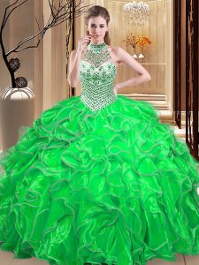 Affordable Halter Top Sleeveless Floor Length Beading and Ruffles Lace Up Quinceanera Gowns