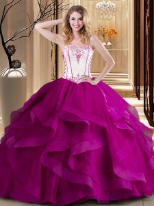 Tulle Strapless Sleeveless Lace Up Embroidery Quinceanera Dresses in Fuchsia