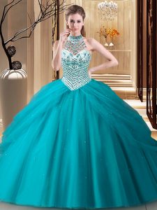 Classical Halter Top Teal Tulle Lace Up Sweet 16 Dresses Sleeveless Brush Train Beading and Pick Ups