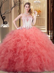 Romantic Floor Length Lace Up Quince Ball Gowns Watermelon Red and Orange for Prom and Military Ball and Sweet 16 and Quinceanera with Embroidery and Ruffled Layers