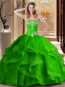 Sleeveless Floor Length Embroidery and Ruffles Lace Up Sweet 16 Dress