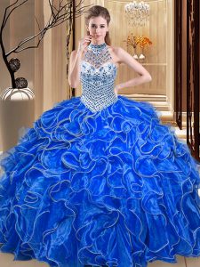 Hot Selling Halter Top Royal Blue Sleeveless Floor Length Beading and Ruffles Lace Up Quinceanera Dress