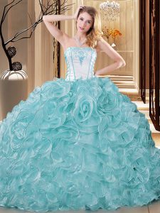 Wonderful Blue And White Lace Up Strapless Embroidery and Ruffles Vestidos de Quinceanera Organza Sleeveless