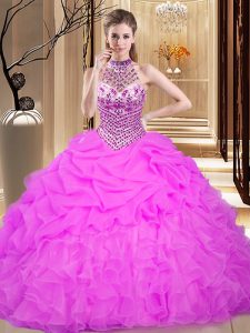 New Style Lilac Halter Top Lace Up Beading and Ruffles and Pick Ups Quinceanera Gowns Sleeveless