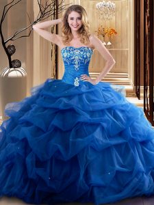 Embroidery and Ruffles Quinceanera Gowns Royal Blue Lace Up Sleeveless Floor Length