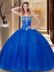 Luxury Sweetheart Sleeveless Sweet 16 Dress Floor Length Beading and Embroidery Royal Blue Tulle