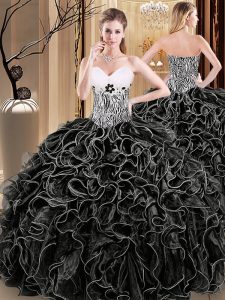 Cheap Black Lace Up Sweetheart Ruffles and Pattern Sweet 16 Dresses Organza Sleeveless