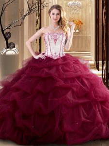 Wine Red Tulle Lace Up Strapless Sleeveless Floor Length Quinceanera Dress Embroidery and Ruffled Layers