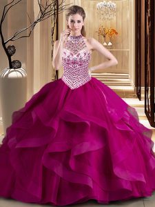 Chic With Train Fuchsia Quince Ball Gowns Halter Top Sleeveless Brush Train Lace Up