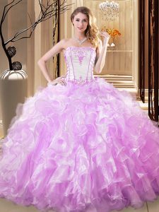 Strapless Sleeveless Quince Ball Gowns Floor Length Embroidery and Ruffles Lilac Organza