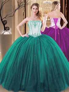 Green Tulle and Sequined Lace Up Sweet 16 Dress Sleeveless Floor Length Embroidery
