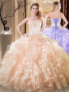 Exceptional Sleeveless Floor Length Embroidery and Ruffles Lace Up 15 Quinceanera Dress with Yellow