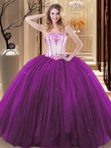 Simple White And Purple Sleeveless Floor Length Embroidery Lace Up Quinceanera Dresses
