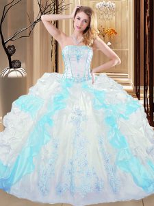 Designer Floor Length Lace Up Quinceanera Gowns Blue And White for Military Ball and Sweet 16 and Quinceanera with Embroidery and Ruffled Layers
