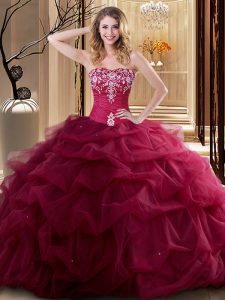 Embroidery and Ruffles Quinceanera Dress Wine Red Lace Up Sleeveless Floor Length