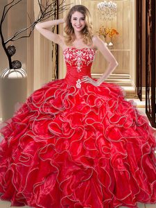 Exceptional Floor Length Coral Red Quinceanera Dresses Organza Sleeveless Embroidery and Ruffles