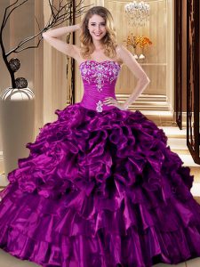 Sleeveless Floor Length Embroidery and Ruffles Lace Up Sweet 16 Dress with Purple