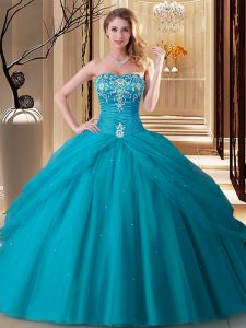 Fashionable Teal Lace Up Ball Gown Prom Dress Embroidery Sleeveless Floor Length