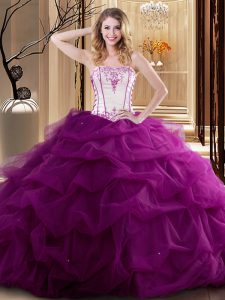 Stunning Fuchsia Sleeveless Embroidery and Ruffled Layers Floor Length Quinceanera Dress