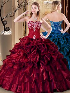 Delicate Wine Red Sweetheart Lace Up Embroidery and Ruffles 15 Quinceanera Dress Sleeveless