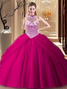 Ideal Halter Top Sleeveless Tulle With Brush Train Lace Up Quinceanera Gowns in Fuchsia with Beading and Pick Ups