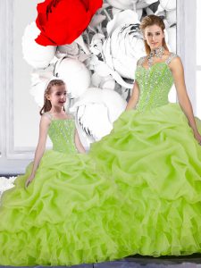 Organza Spaghetti Straps Sleeveless Lace Up Beading and Ruffles and Pick Ups Sweet 16 Dress in Yellow Green