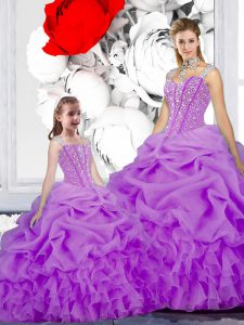 Spectacular Purple Ball Gowns Straps Sleeveless Organza Floor Length Lace Up Beading and Ruffles and Pick Ups Quinceanera Dresses