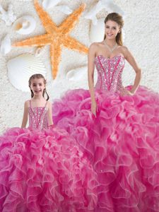 Hot Pink Lace Up Sweetheart Beading and Ruffles Quinceanera Dress Organza Sleeveless