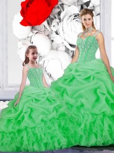 Straps Floor Length Green Ball Gown Prom Dress Organza Sleeveless Beading and Ruffles and Pick Ups