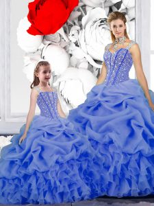 Best Pick Ups Ball Gowns Quinceanera Gowns Blue Straps Organza Sleeveless Floor Length Lace Up